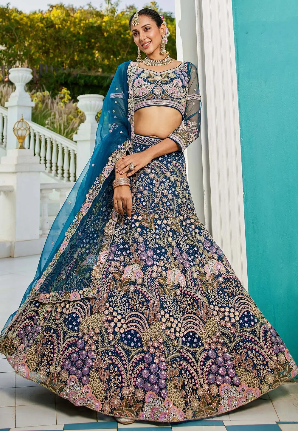 Navy Blue Net A Line Lehenga Choli 304216