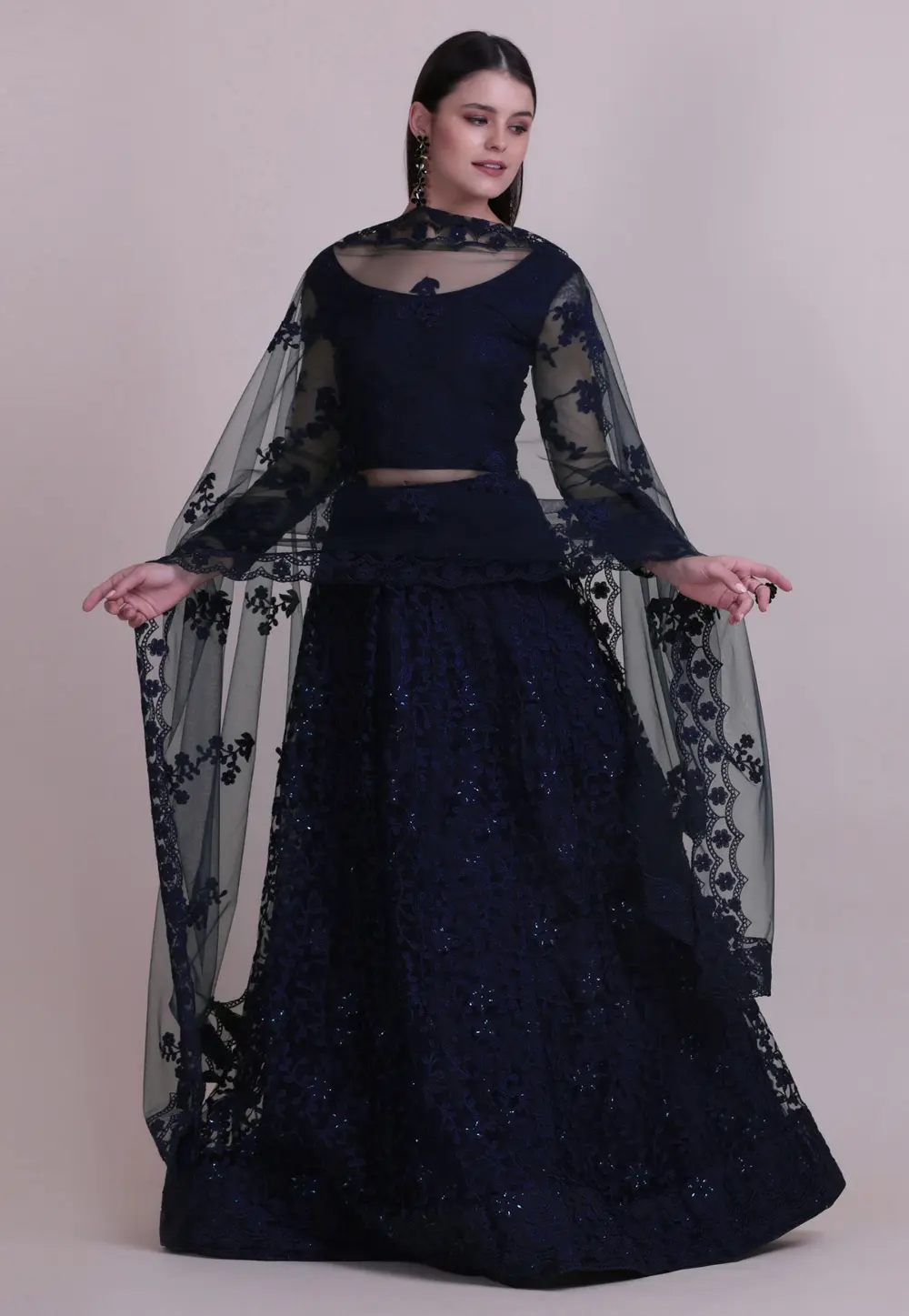 Navy Blue Net A Line Lehenga Choli 303529