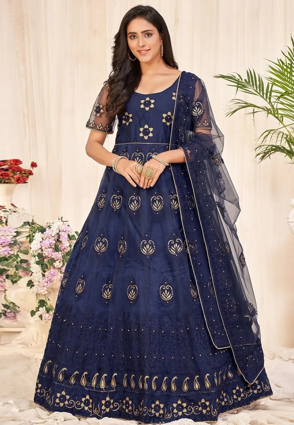 Navy Blue Net Anarkali Suit 300410