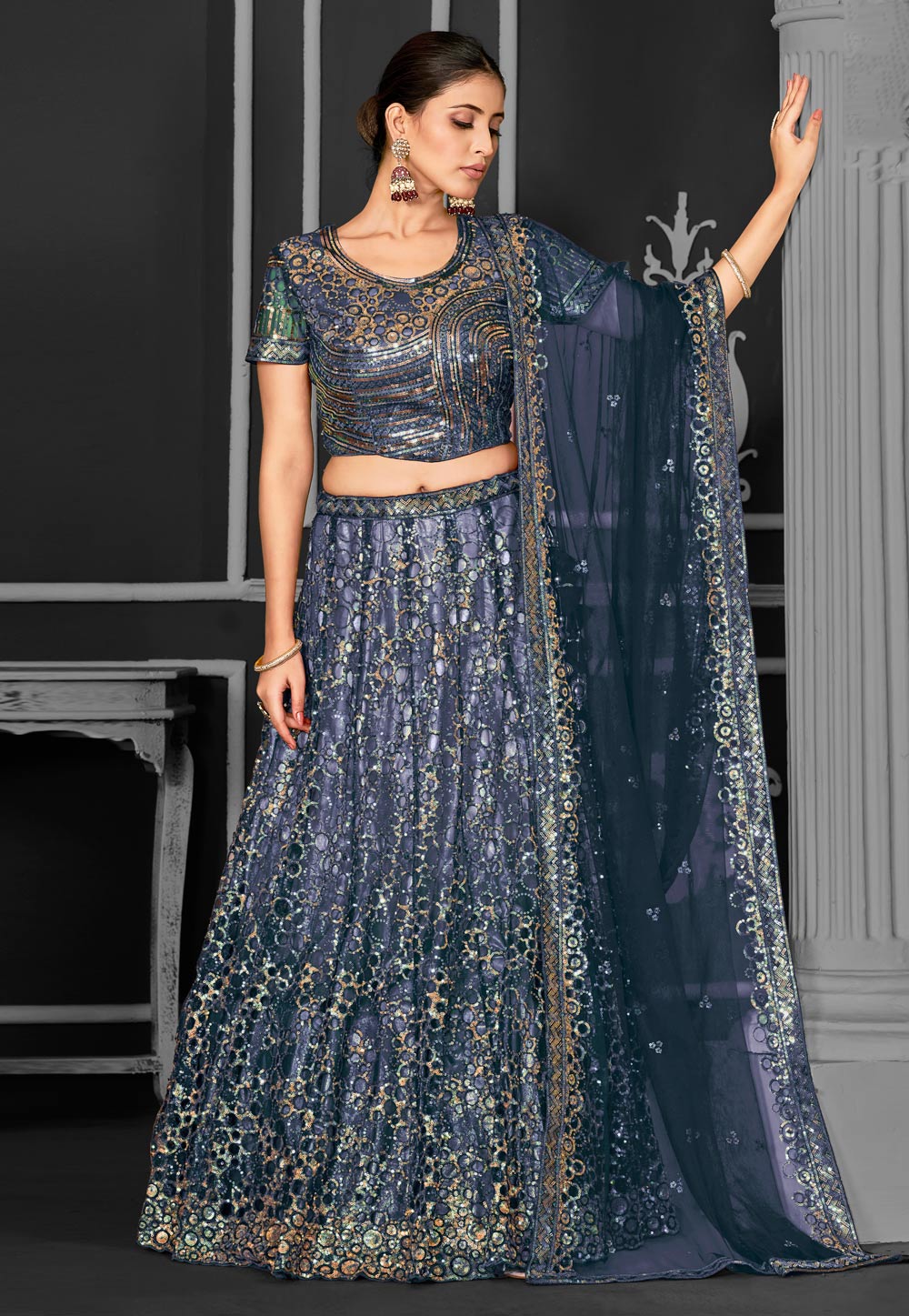 Navy Blue Net Circular Lehenga Choli 310231