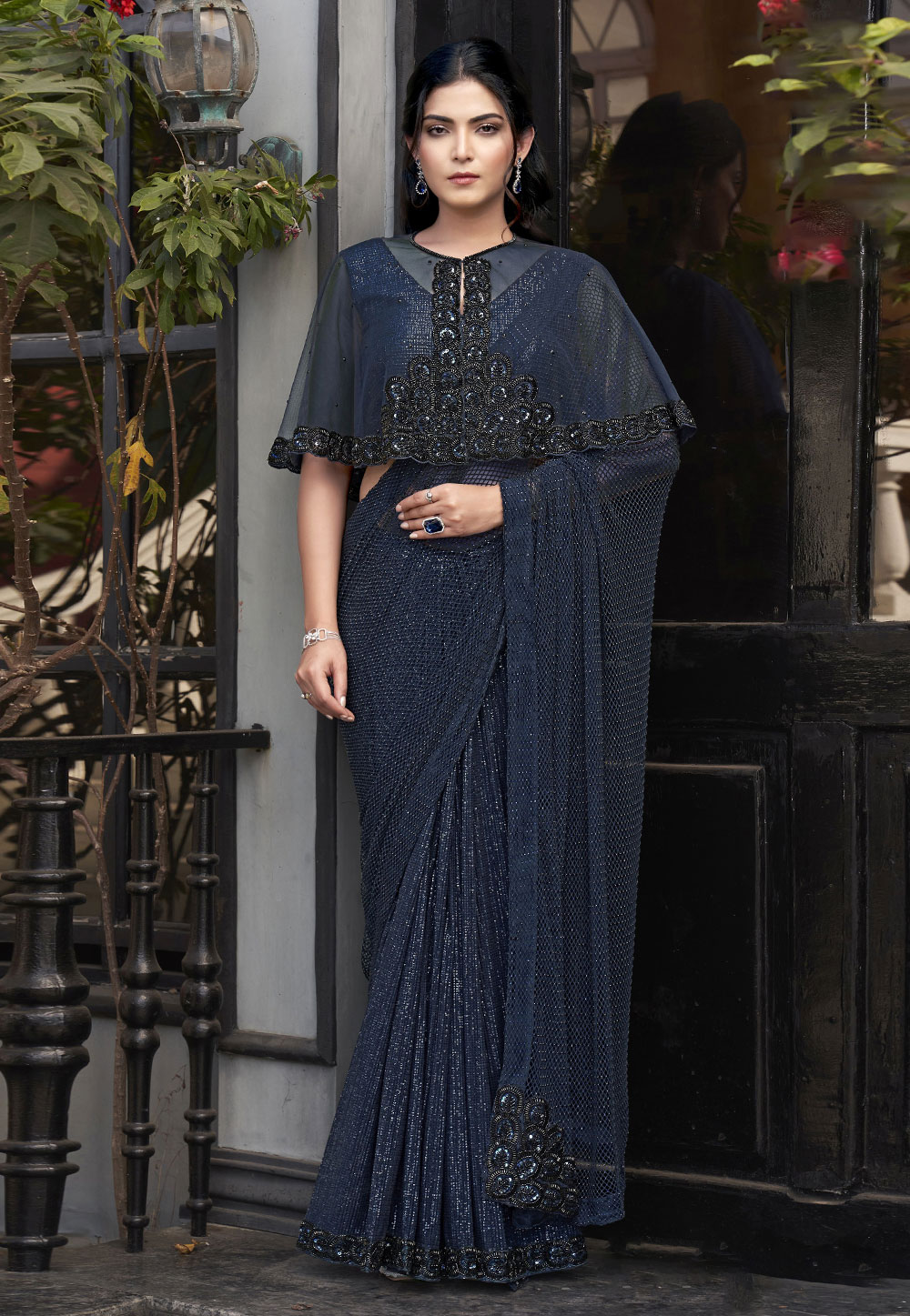 Navy Blue Net Designer Saree 305814