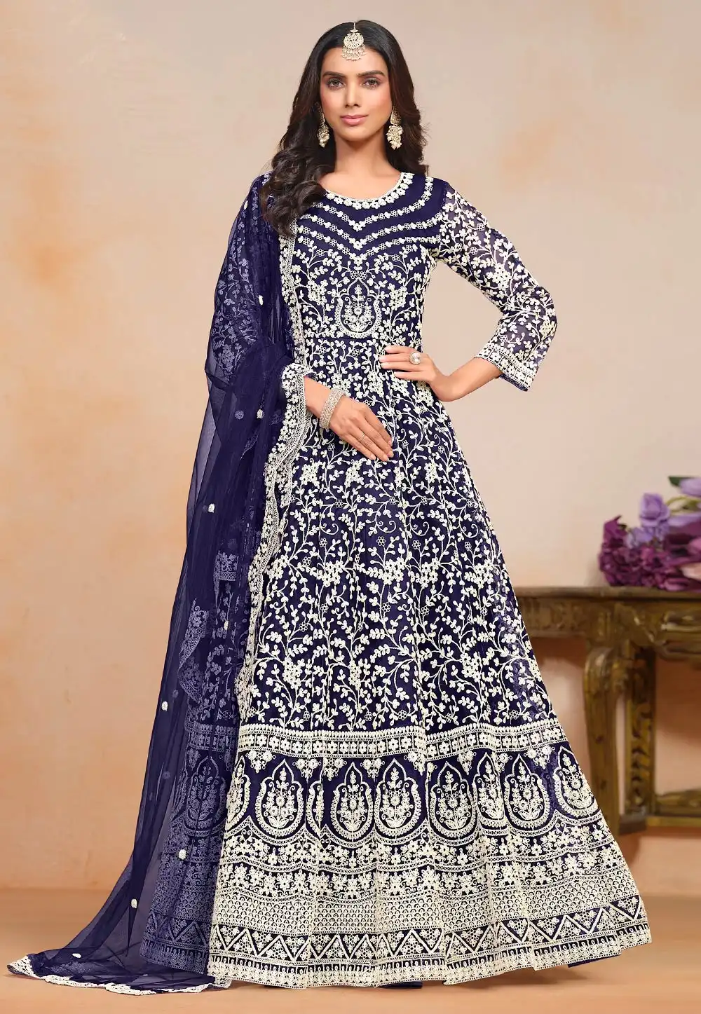 Navy Blue Net Embroidered Anarkali Suit 295084