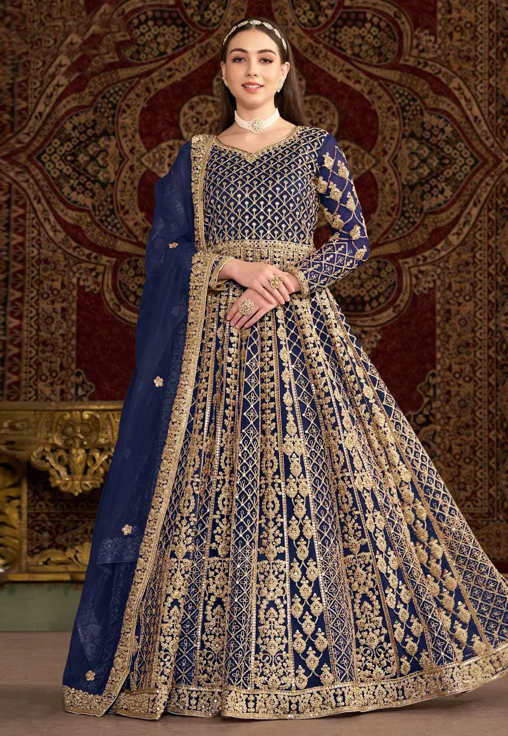 Navy Blue Net Embroidered Anarkali Suit 299153