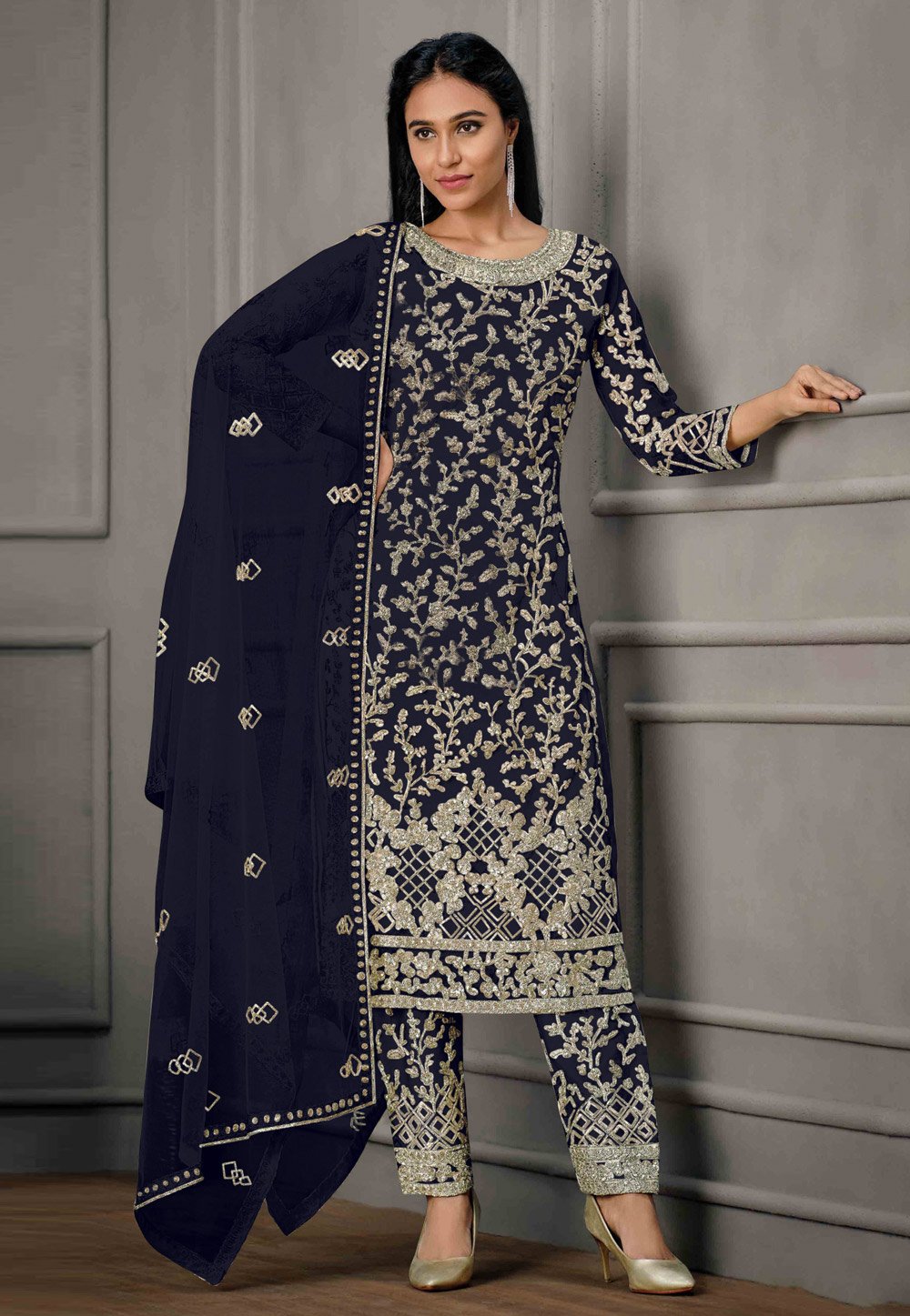Navy Blue Net Embroidered Straight Suit 279190