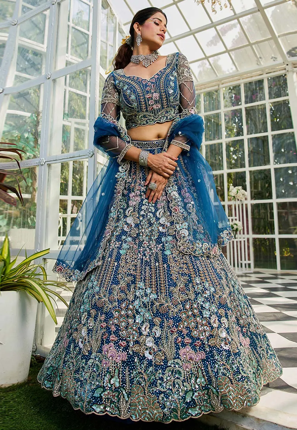 Navy Blue Net Lehenga Choli 304223