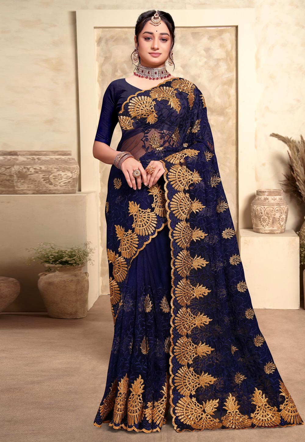Navy Blue Net Saree With Blouse 280319