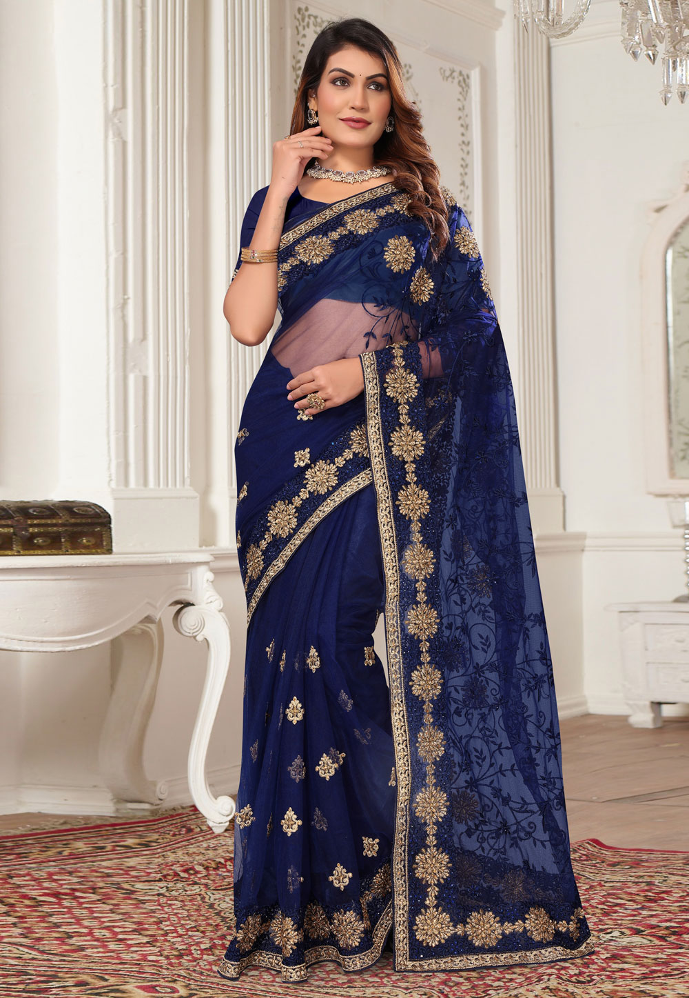 Navy Blue Net Saree With Blouse 287662