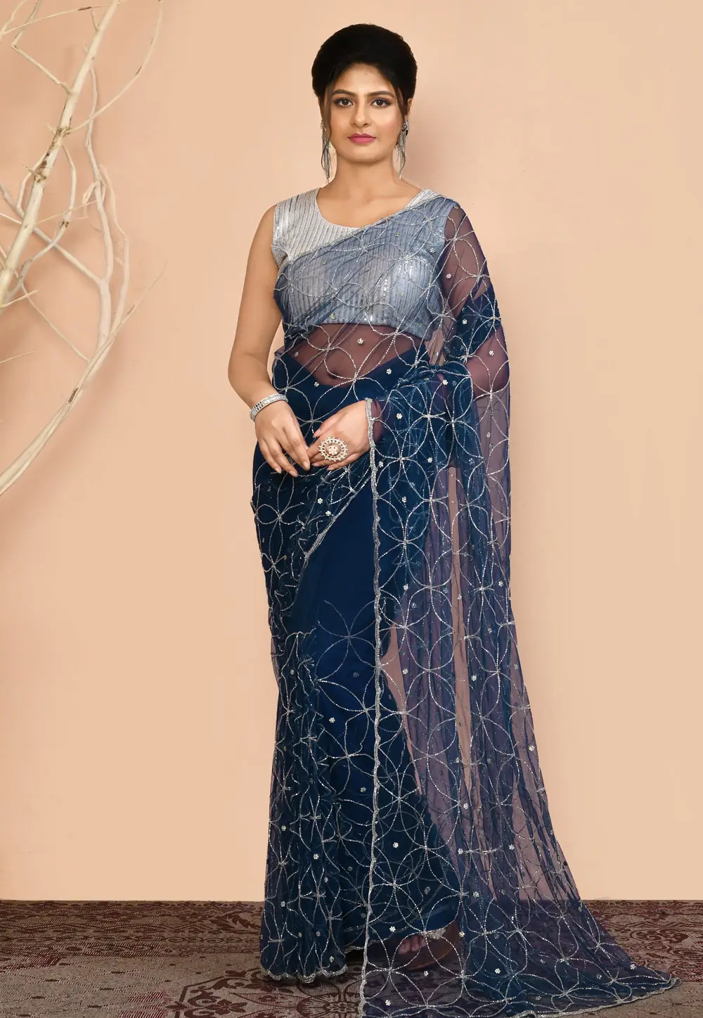 Navy Blue Net Saree With Blouse 295963