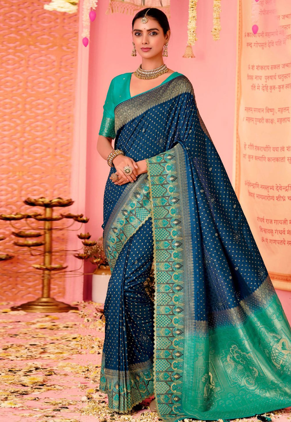 Navy Blue Nylon Saree With Blouse 306174