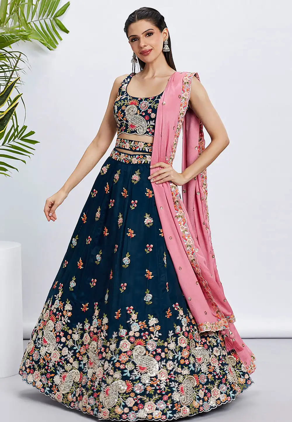 Navy Blue Organza A Line Lehenga Choli 291799