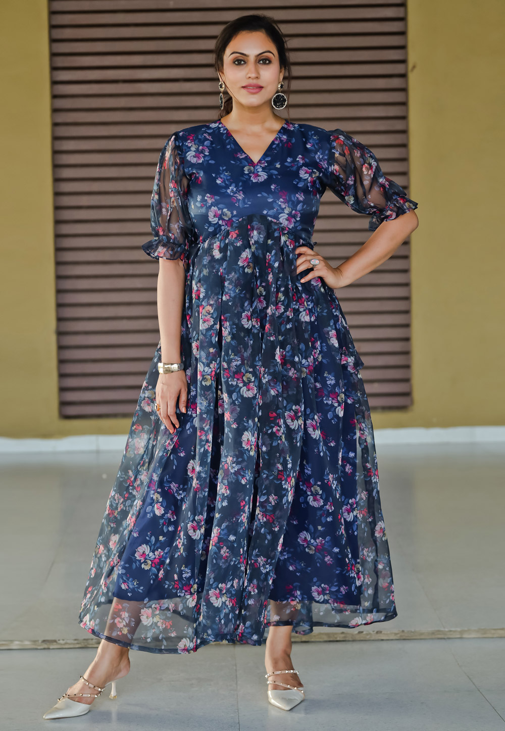 Navy Blue Organza Printed Gown 284527