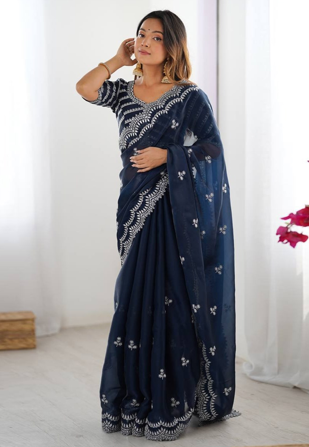 Navy Blue Organza Saree With Blouse 310833