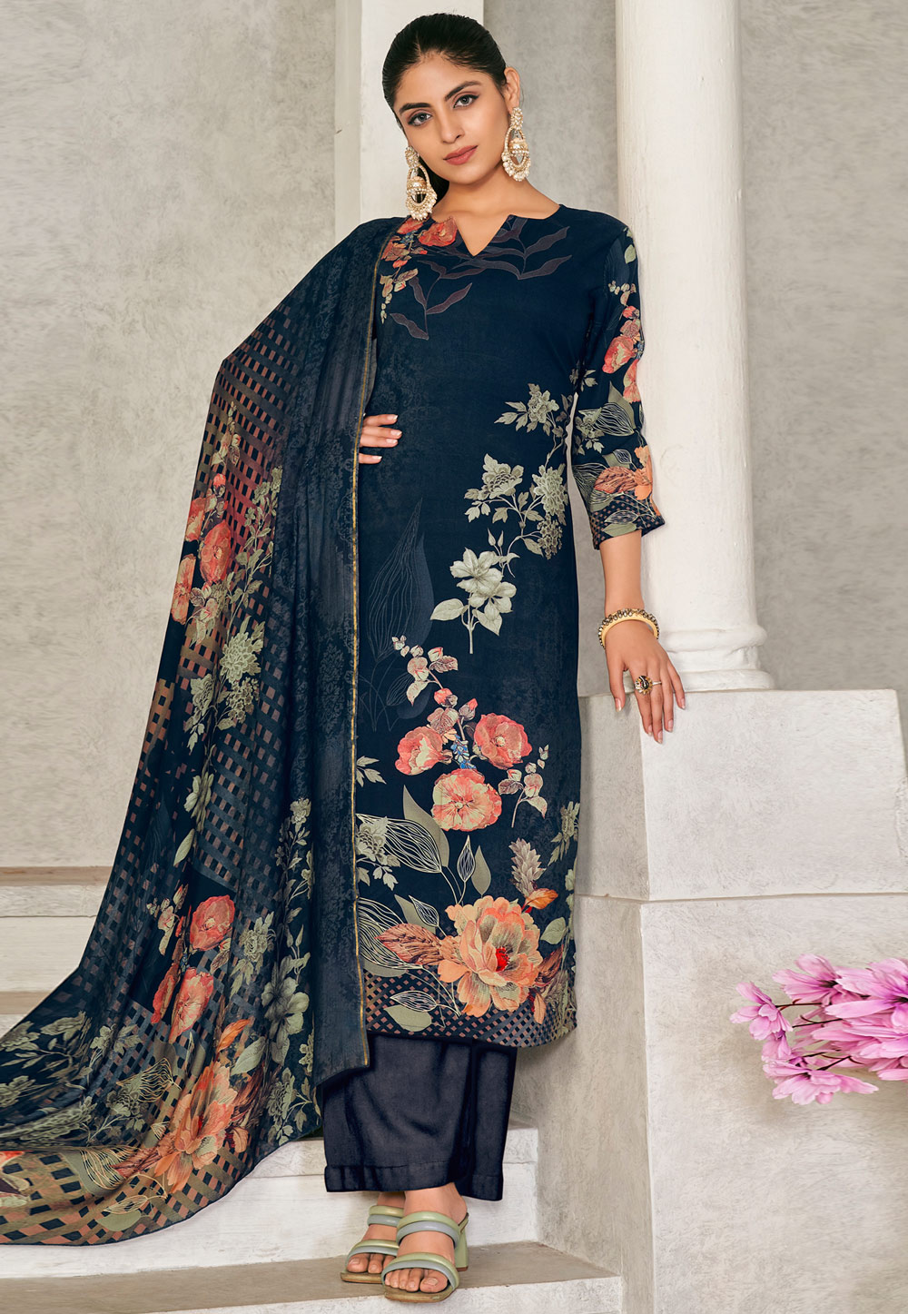 Navy Blue Pashmina Pakistani Suit 309887