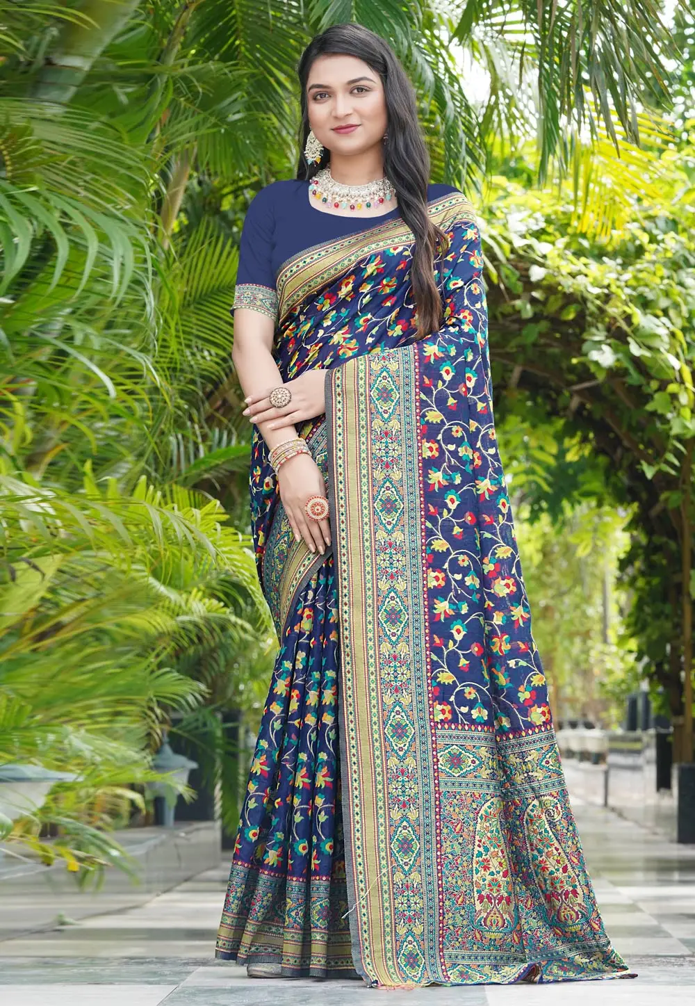 Navy Blue Pashmina Saree With Blouse 296208