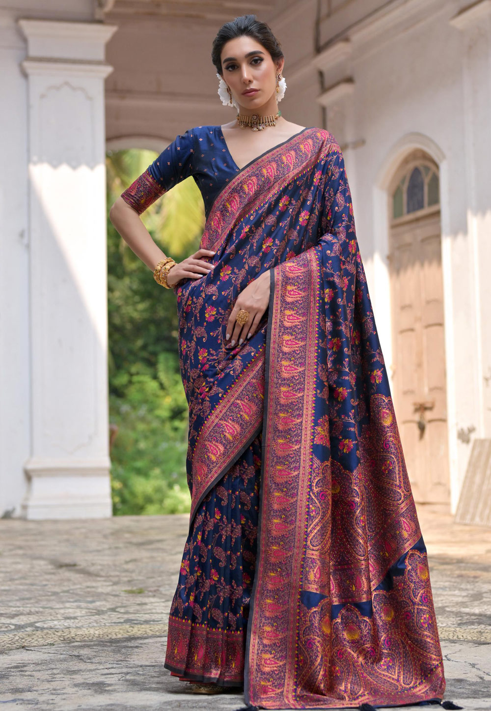 Navy Blue Pashmina Saree With Blouse 305668