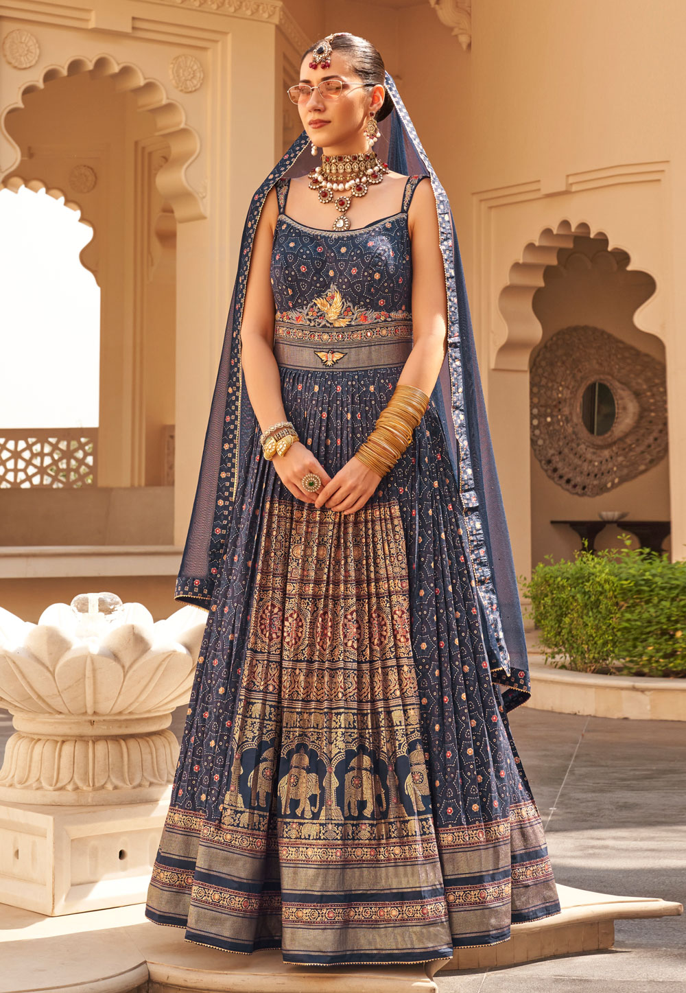 Navy Blue Patola Silk Readymade Anarkali Suit 287601