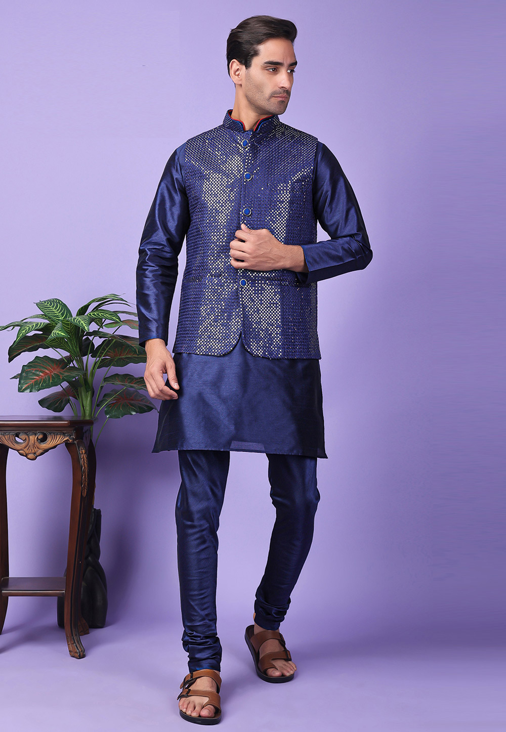 Navy Blue Polyester Kurta Pajama With Jacket 286229