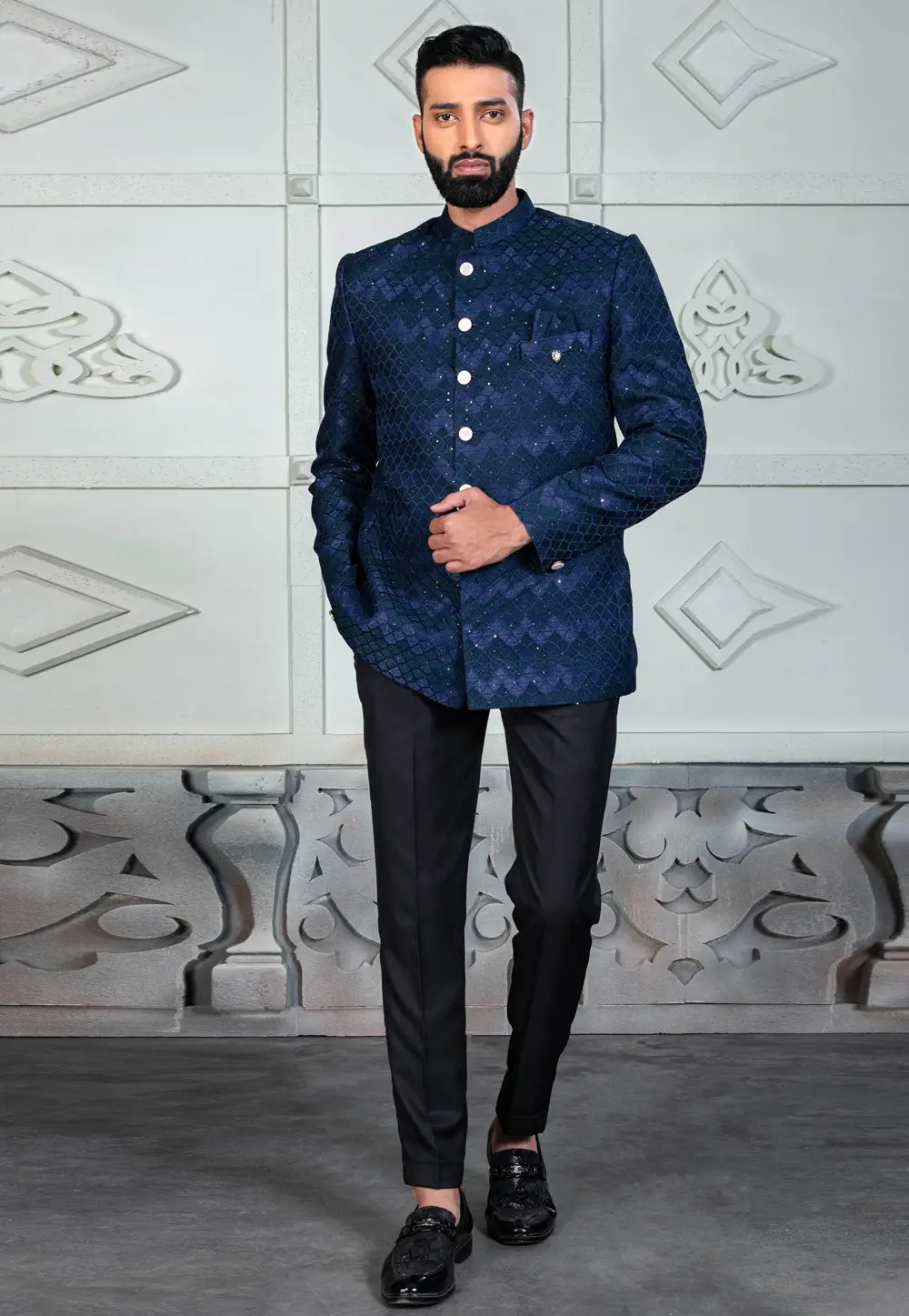 Navy Blue Rayon Jodhpuri Suit 295514