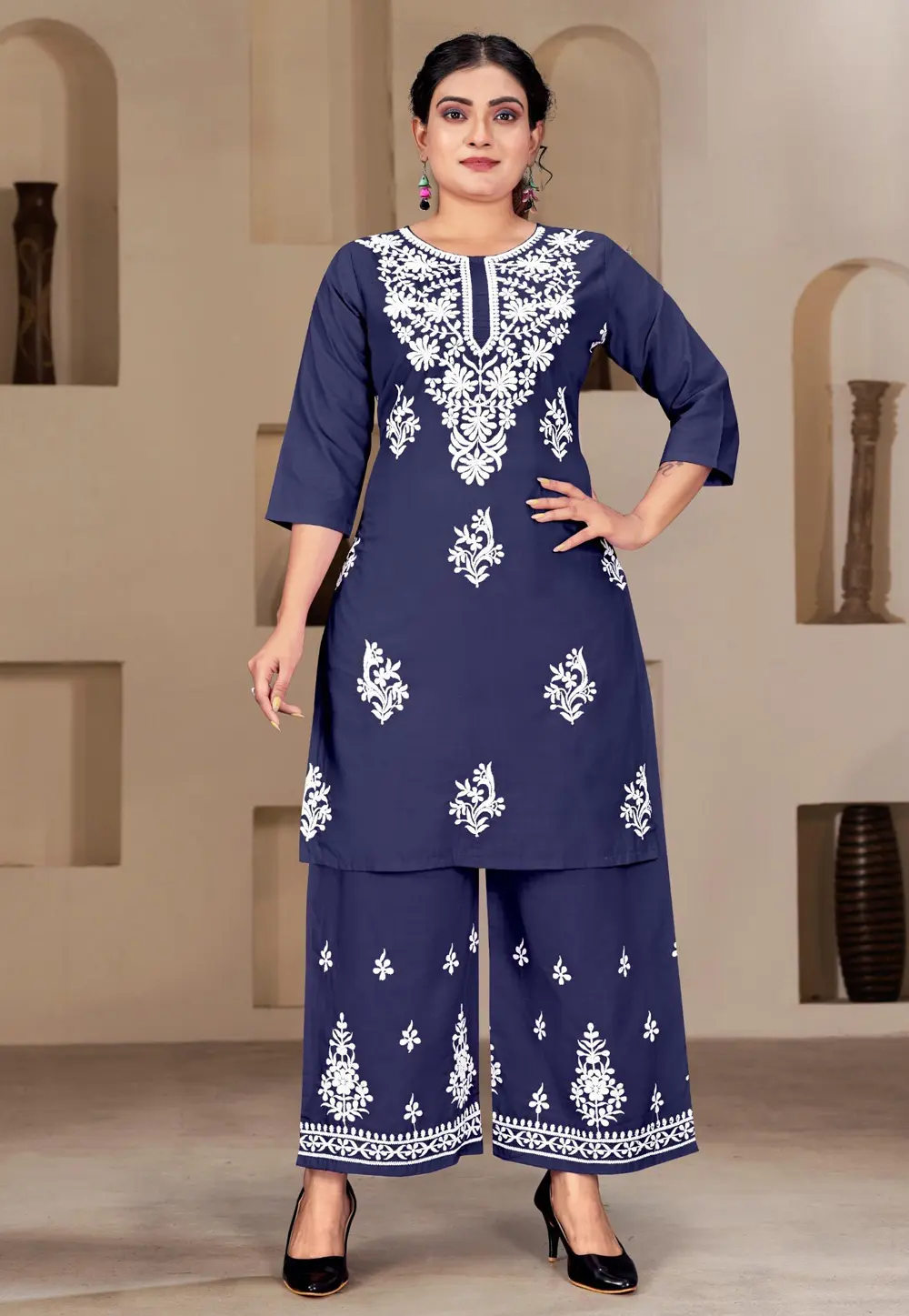 Navy Blue Rayon Kurta Set With Palazzo 300476