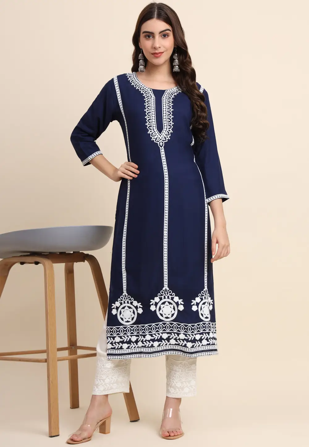 Navy Blue Rayon Long Tunic 296723