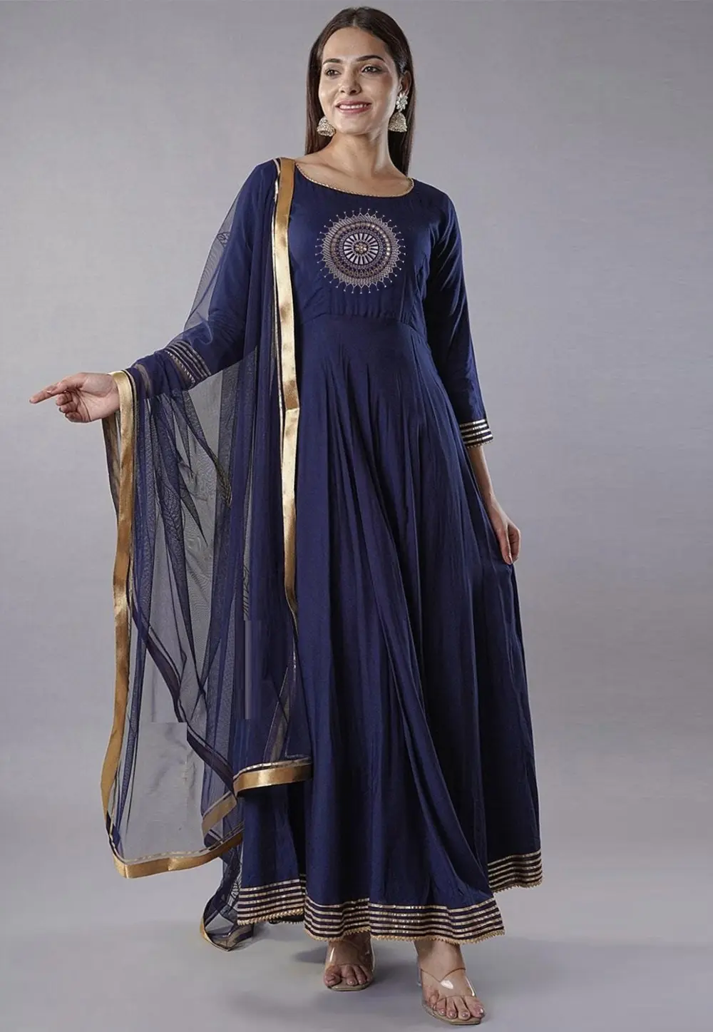 Navy Blue Rayon Readymade Anarkali Suit 301691