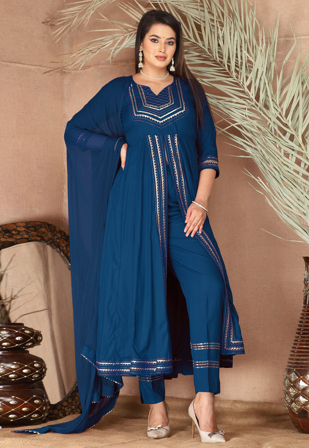 Navy Blue Rayon Readymade Center Slit Anarkali Suit 309290