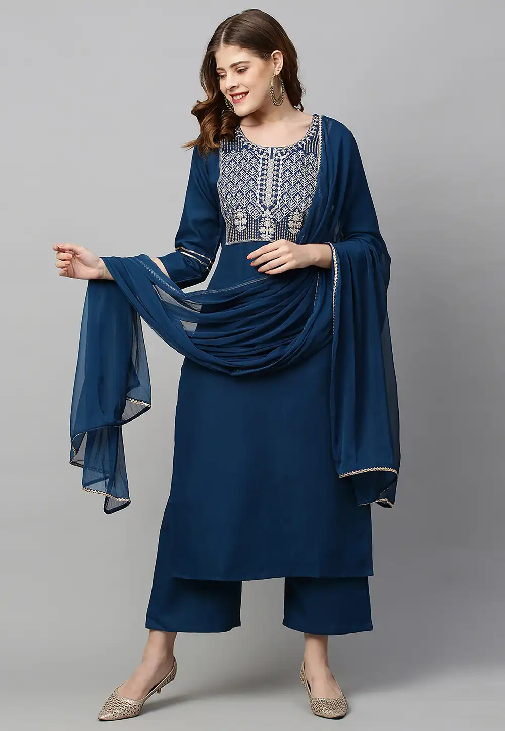 Navy Blue Rayon Readymade Palazzo Suit 288770