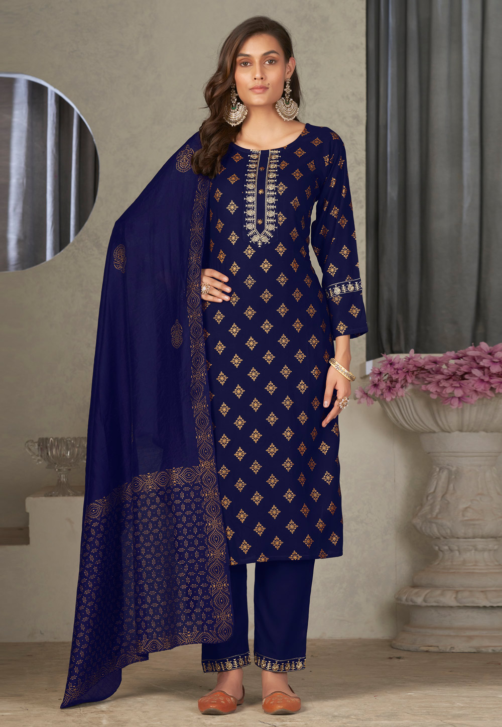 Navy Blue Rayon Readymade Pant Style Suit 280540