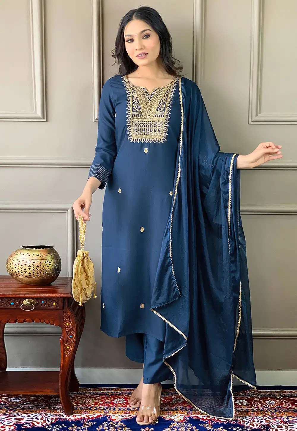 Navy Blue Rayon Readymade Pant Style Suit 289420
