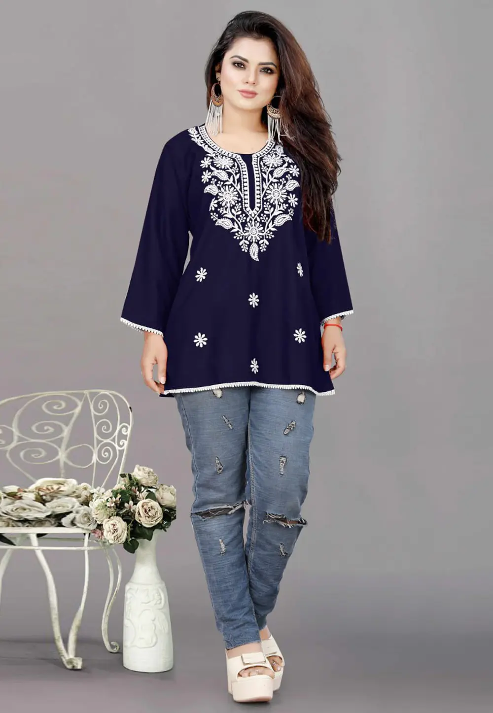 Navy Blue Rayon Short Kurti 301473