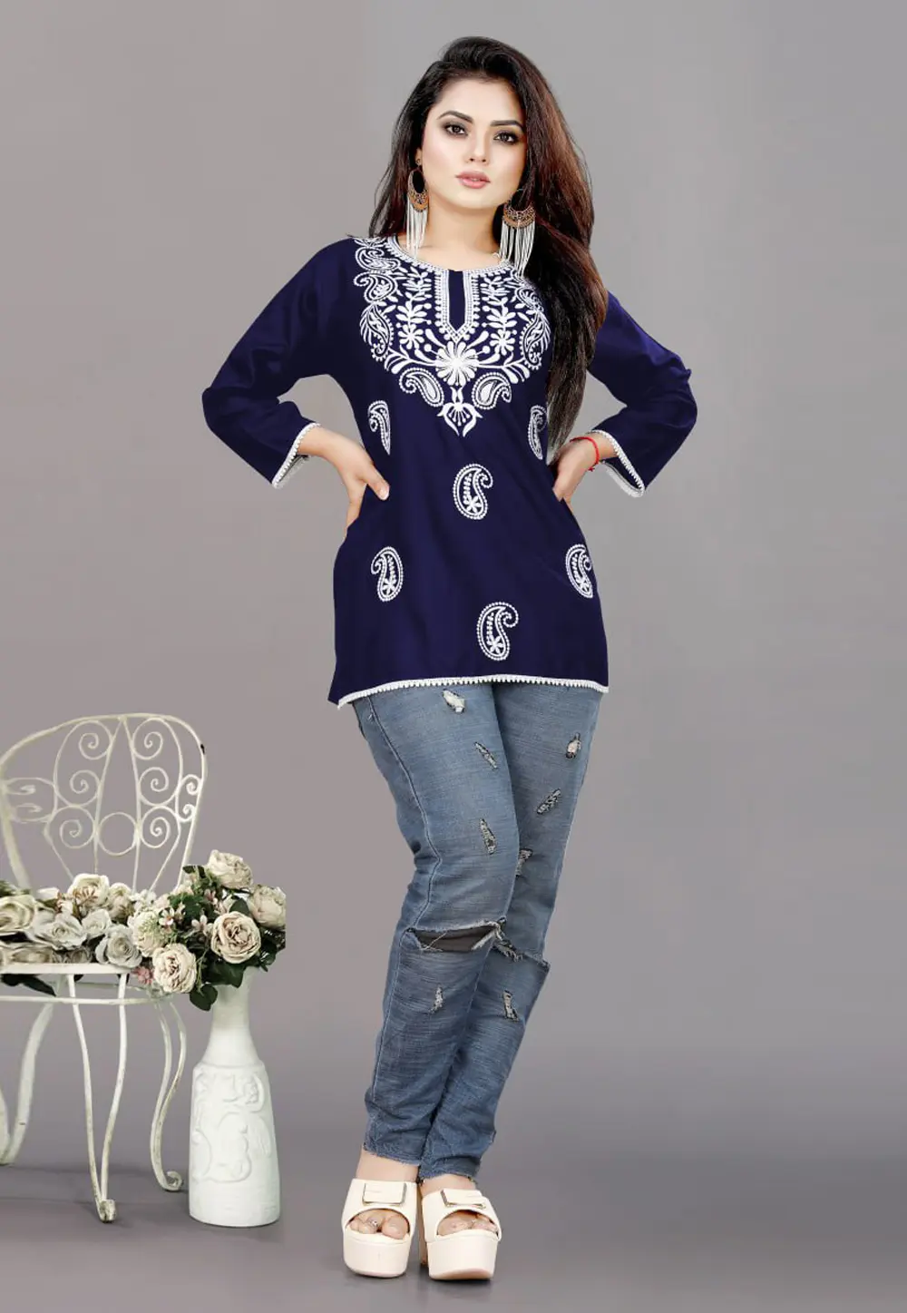 Navy Blue Rayon Short Kurti 301480