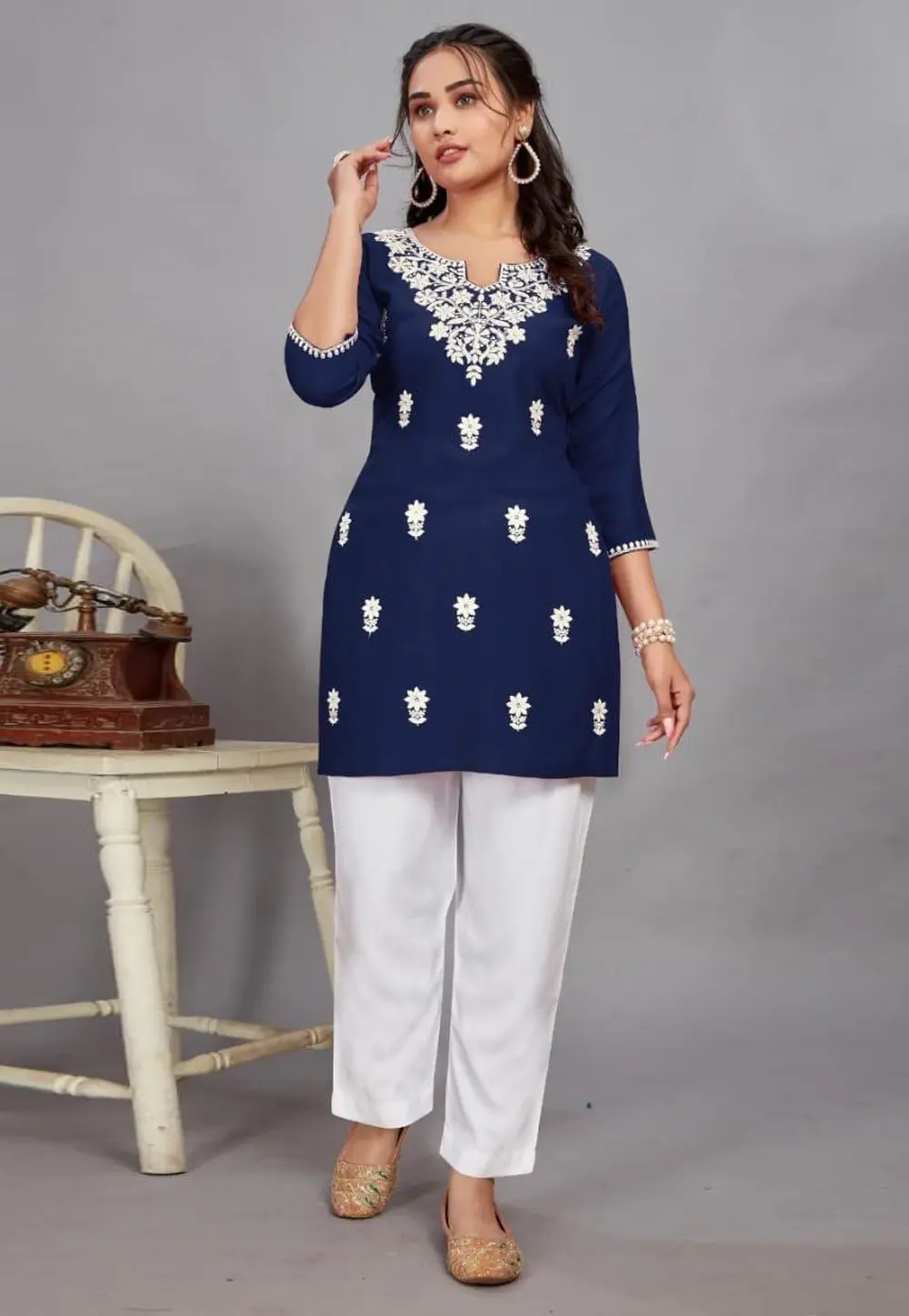 Navy Blue Rayon Short Kurti for Women 304364