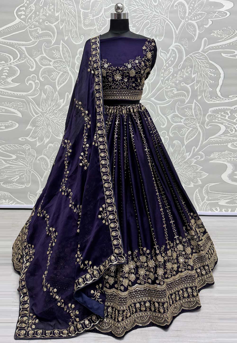 Navy Blue Satin Chiffon Wedding Lehenga Choli 287238