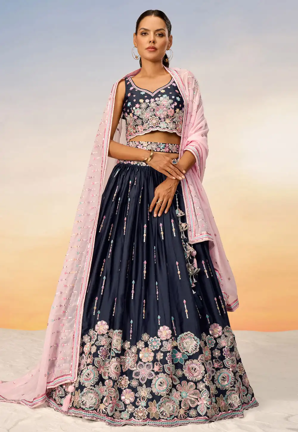 Navy Blue Satin Circular Lehenga Choli 291806