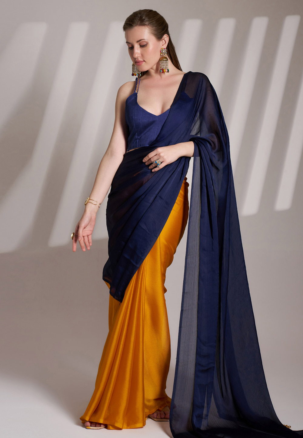 Navy Blue Satin Half N Half Saree 304956