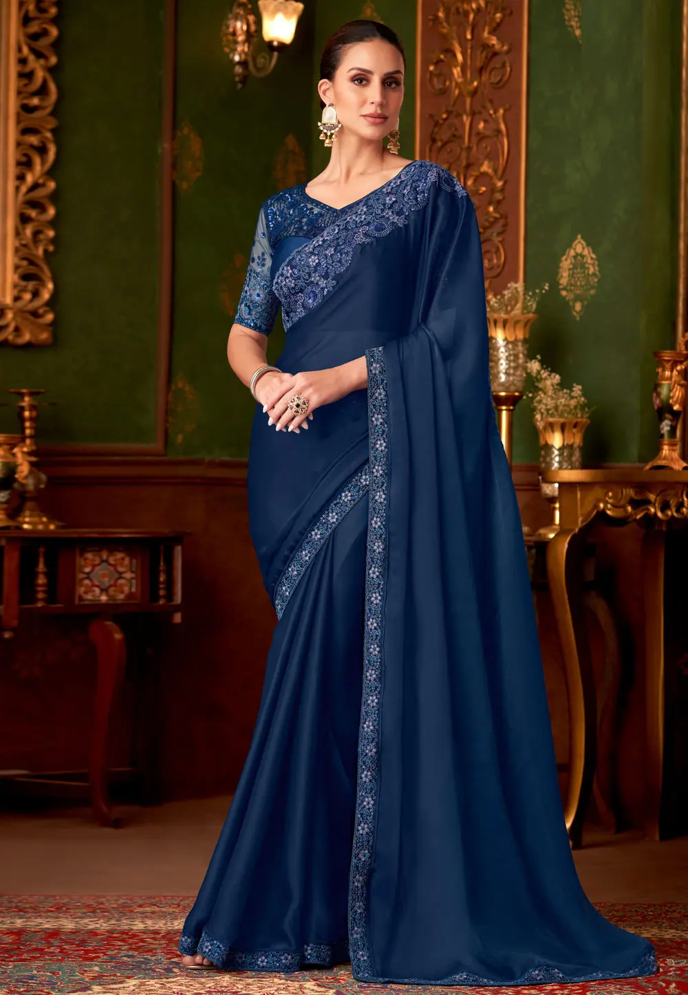 Navy Blue Satin Saree With Blouse 301120