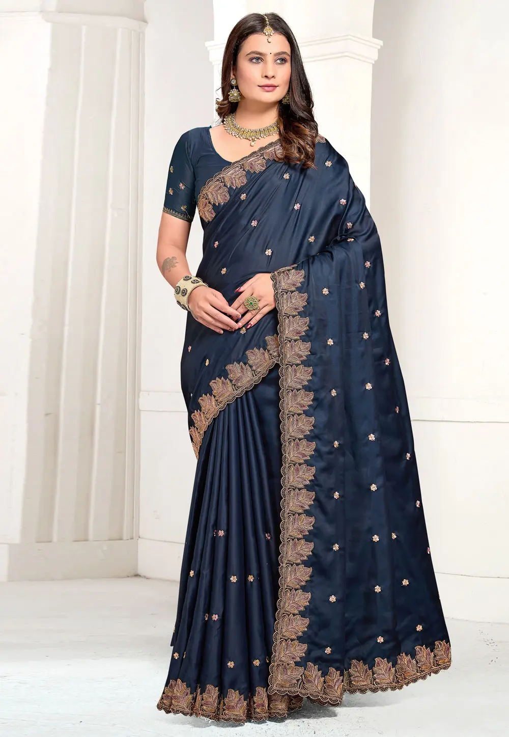 Navy Blue Satin Saree With Blouse 299458