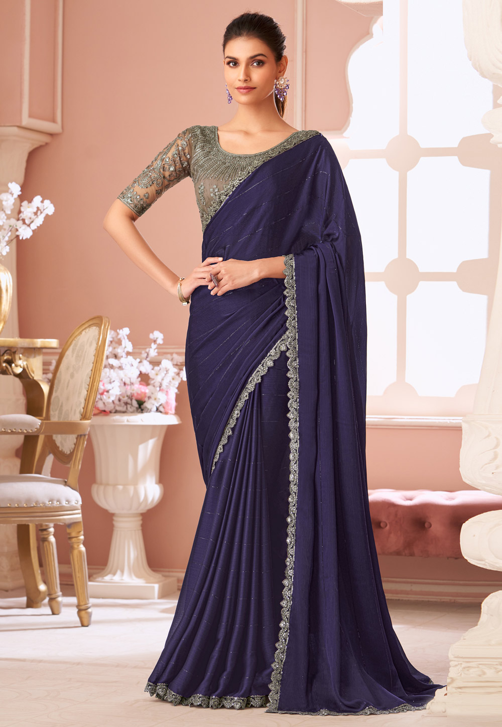 Navy Blue Satin Saree With Blouse 306259