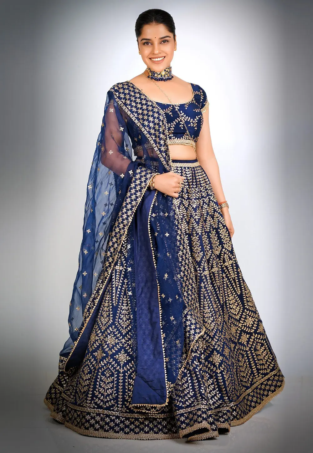 Navy Blue Satin Silk Circular Lehenga Choli 304448