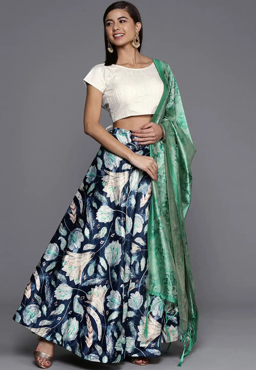 Navy Blue Satin Silk Floral Lehenga choli 290450