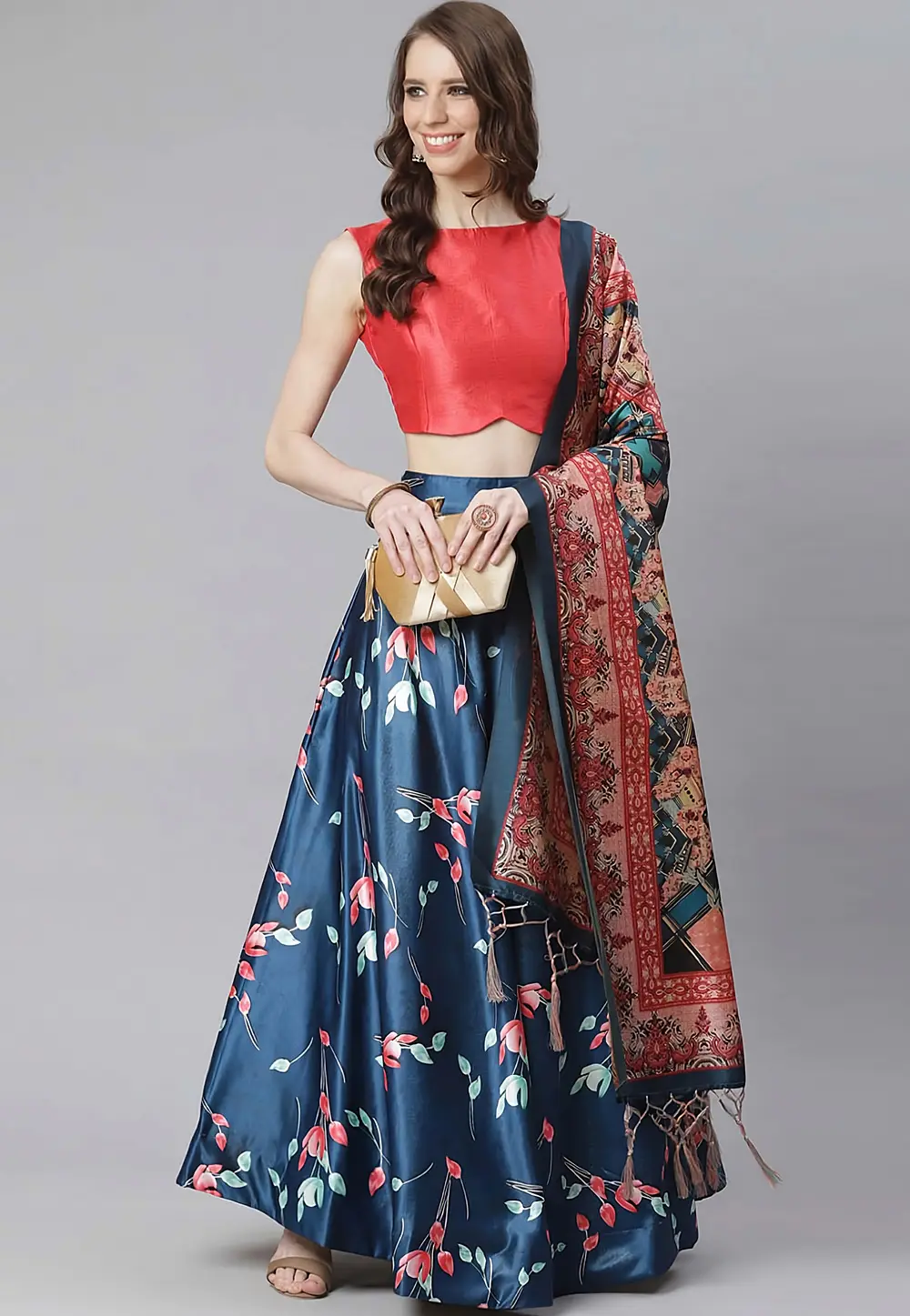 Navy Blue Satin Silk Floral print Lehenga choli 297141