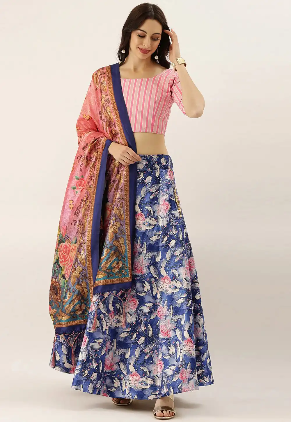 Navy Blue Satin Silk Floral print Lehenga choli 292481