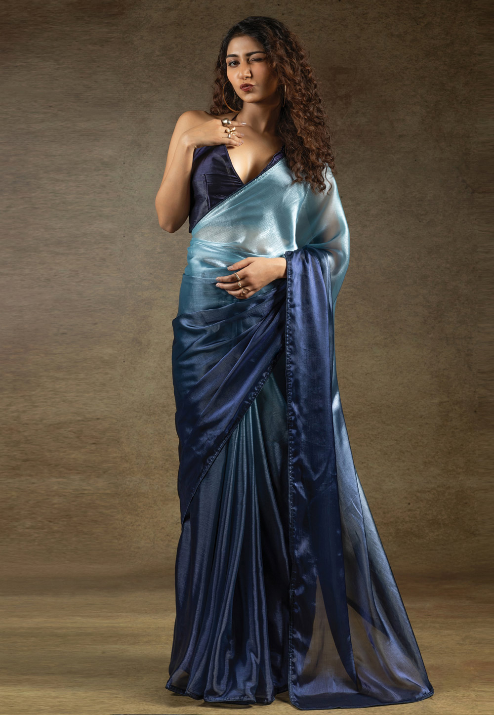 Navy Blue Satin Silk Half N Half Saree 309120