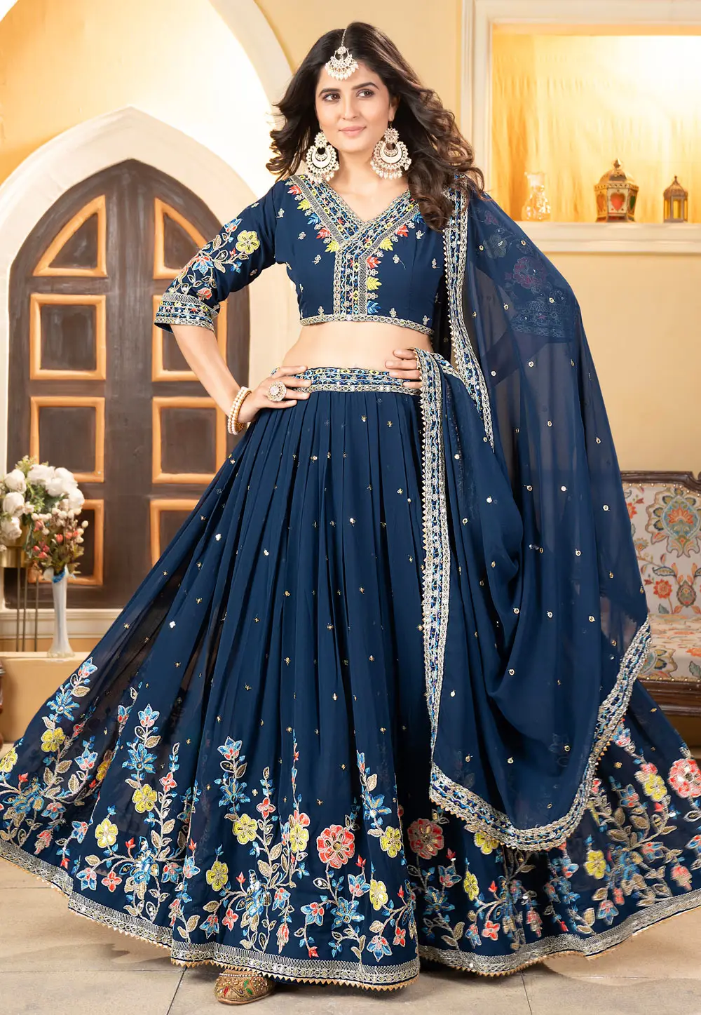 Navy Blue Satin Silk Lehenga Choli 296569