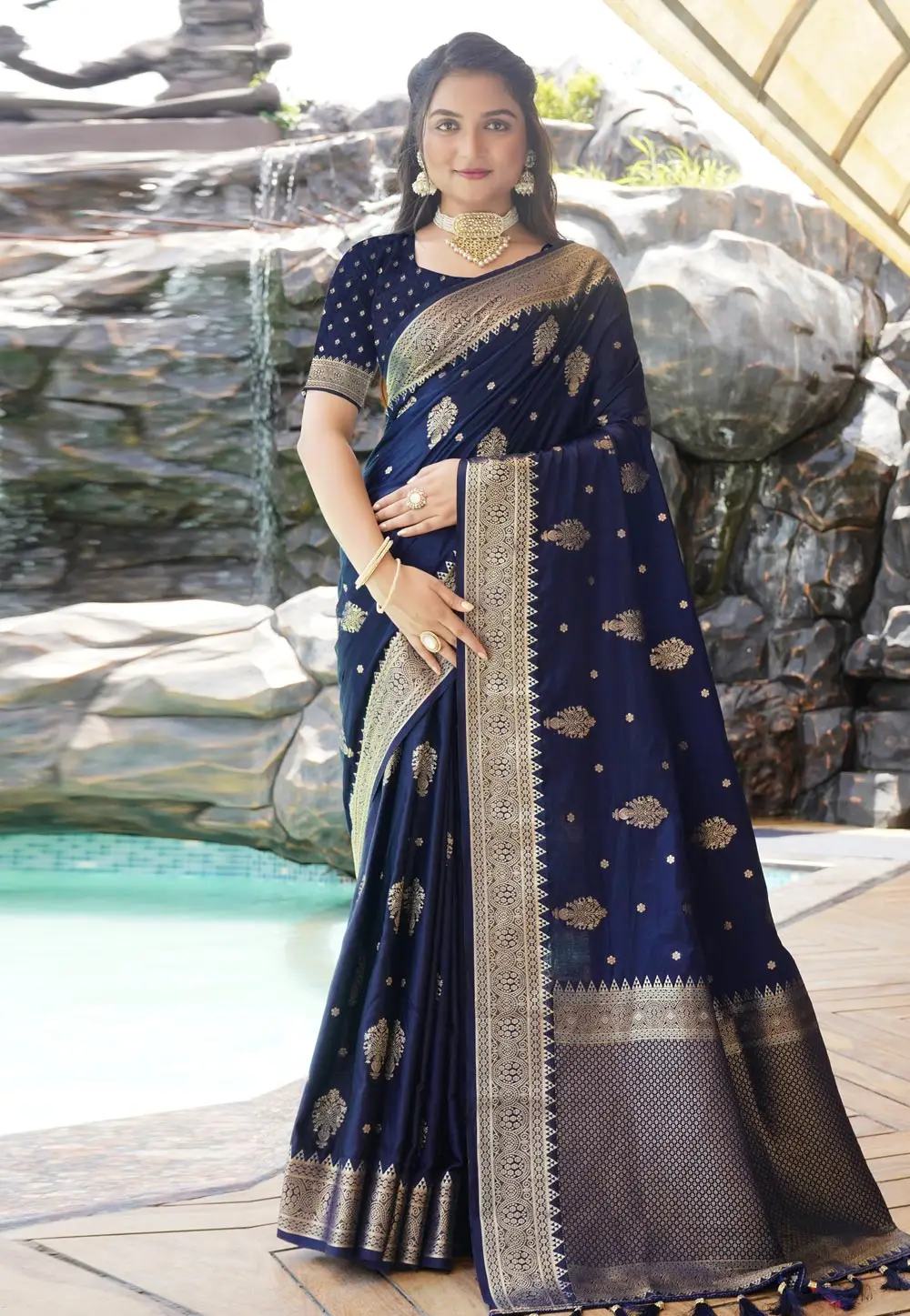 Navy Blue Satin Silk Saree With Blouse 296192