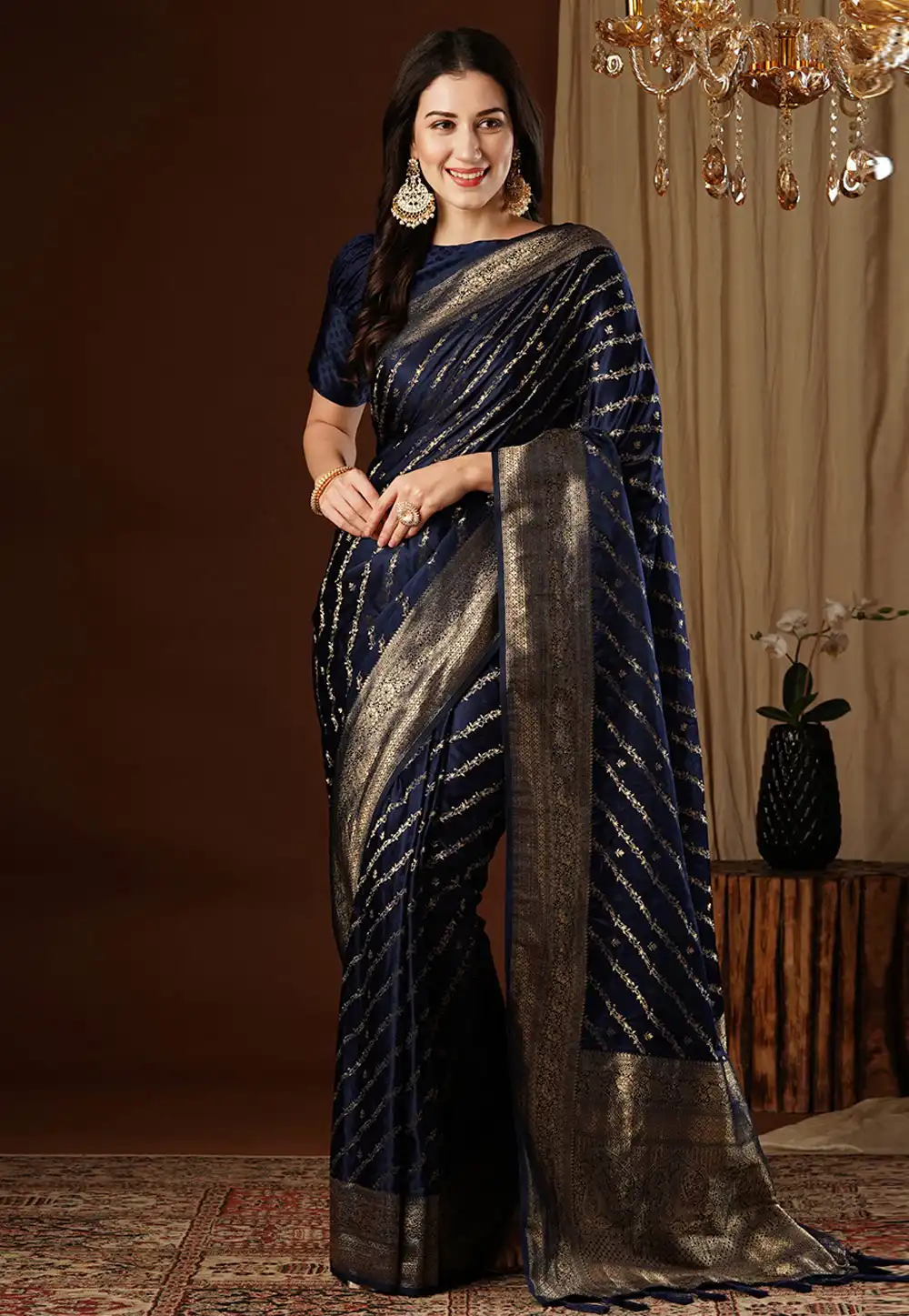 Navy Blue Satin Silk Saree With Blouse 292698