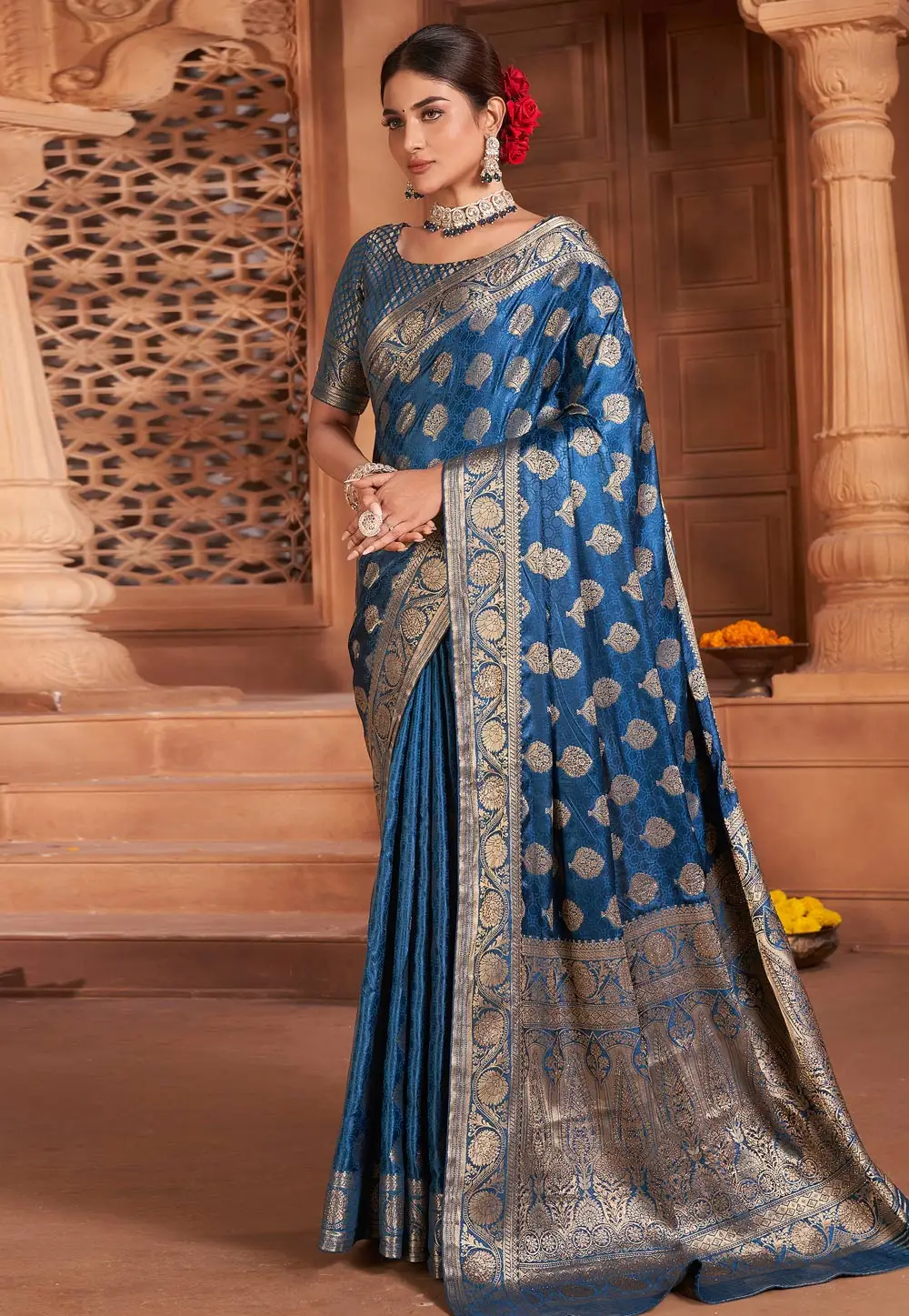 Navy Blue Satin Silk Saree With Blouse 295181