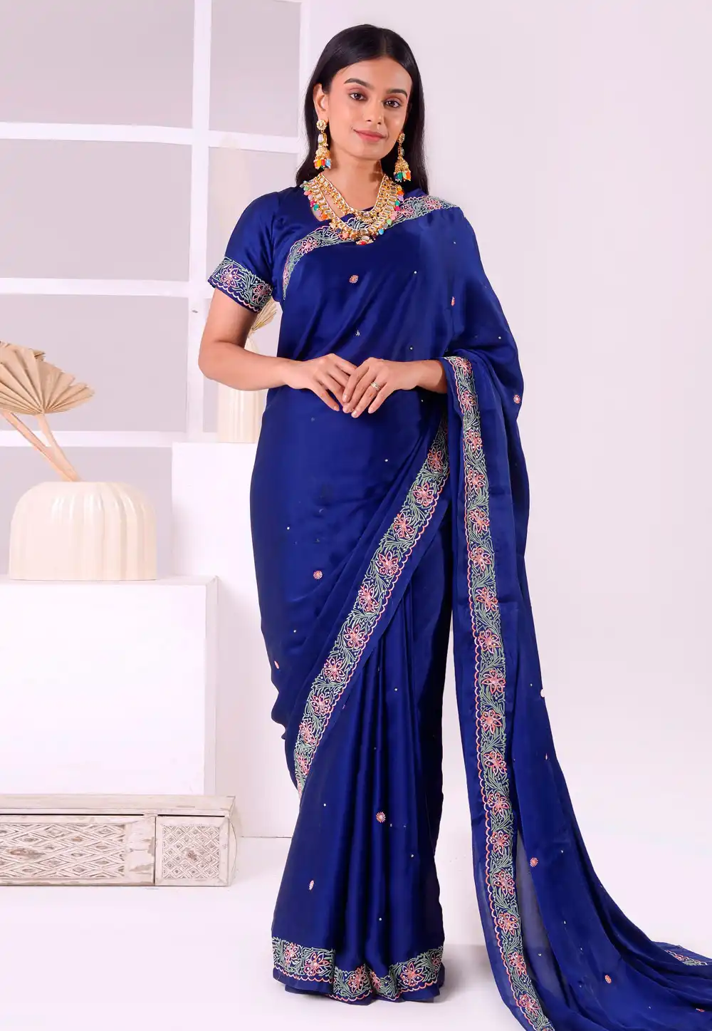 Navy Blue Satin Silk Saree With Blouse 293592