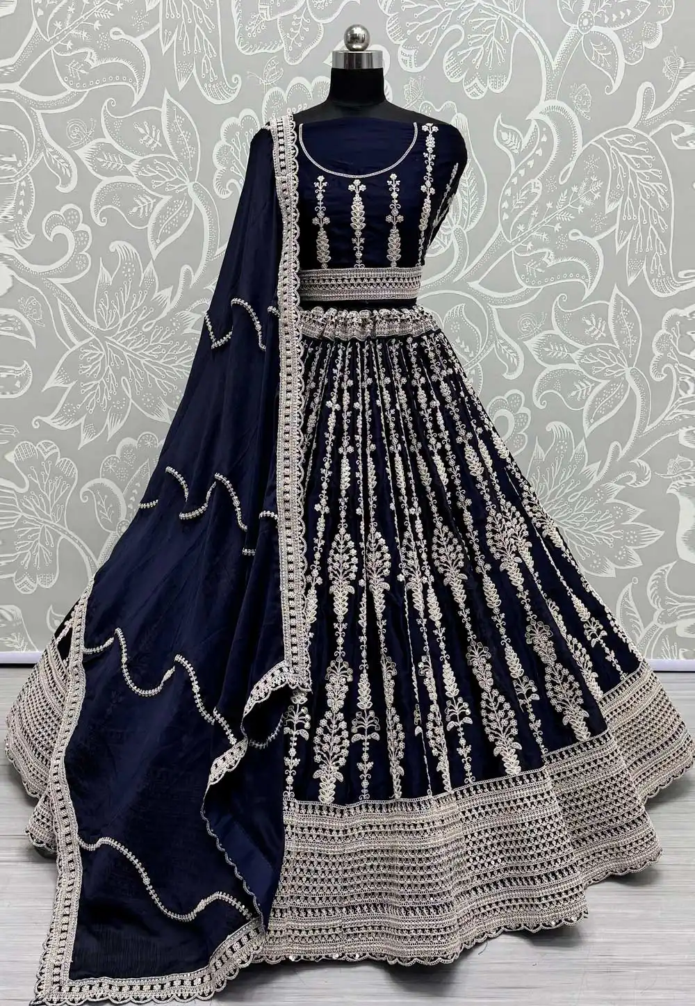 Navy Blue Satin Wedding Lehenga Choli 294882