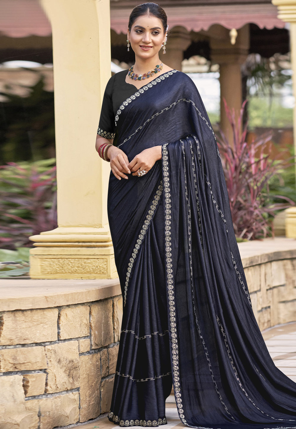 Navy Blue Shimmer Chiffon Saree With Blouse 309788